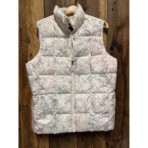 Lands End Womens L Down Puffer Vest White Floral Full Zip Snow Bunny Lodgecore